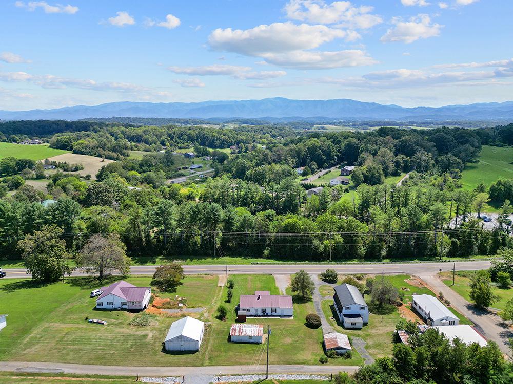 Aerial view of houses on large lots along a Greene County road, with the mountains behind